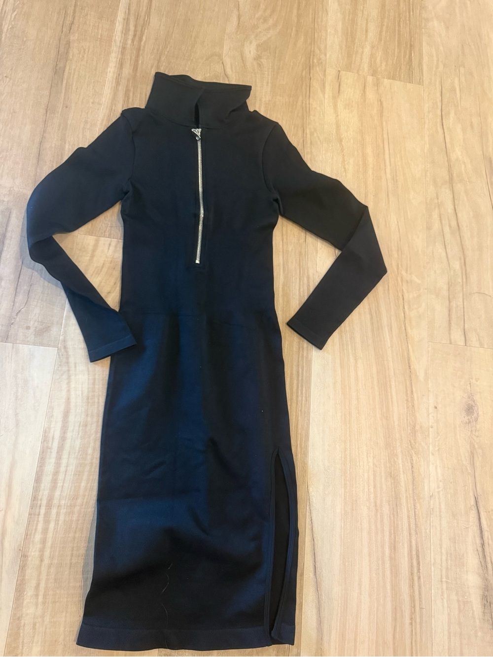 Sold - -Sleeve Black Zip-Front Midi Dress with Side Slit